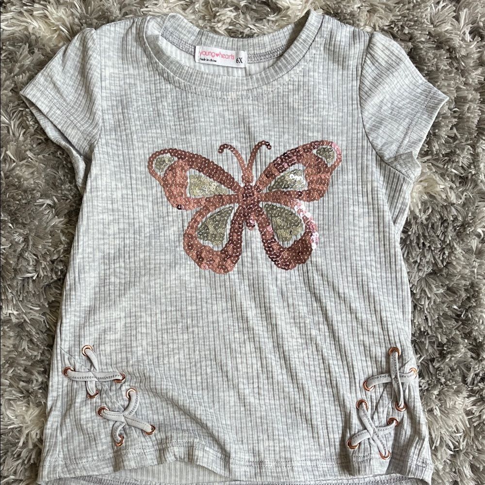 Gray Sequin Butterfly Tee with Lace-Up Sides